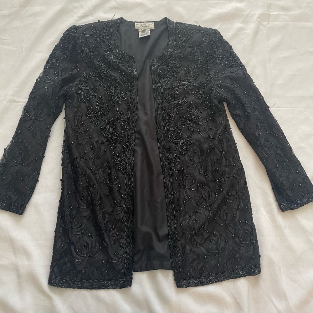 Vintage Papell Boutique Evening black sequins long sleeve cocktail jacket Sz 12
